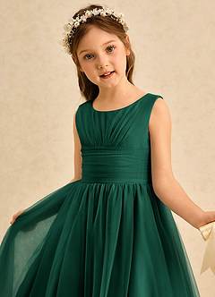 Azazie Macaron Abiti da Ragazza di Fiori Abito A-Line in Tulle Plissettato Smeraldo image5