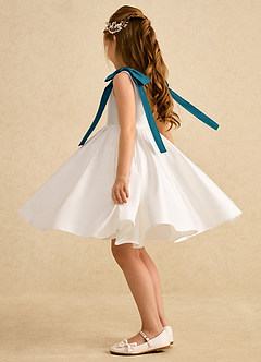 Azazie Stacie Flower Girl Dresses Ivory Ink Blue A-Line Bow Matte Satin Dress image3