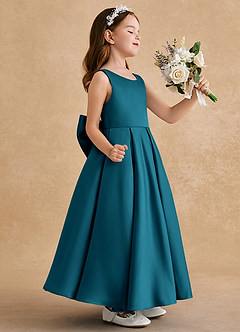 Azazie Honey Bear Flower Girl Dresses Ink Blue A-Line Pleated Matte Satin Dress image2