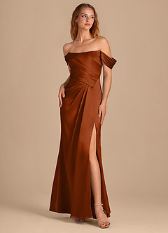 Azazie Shea Brautjungfernkleider Wandelbar Meerjungfrau-Linie Schulterfrei Metallischer Satin Kleid Rotbraun image1