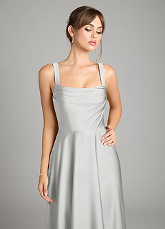 Azazie Shaude Bridesmaid Dresses Silver A-Line Pleated Stretch Satin Dress image3