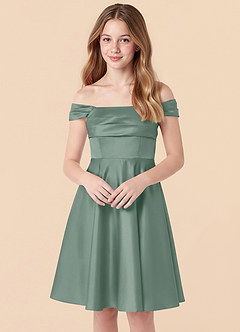 Azazie Amira Junior Silver Sage A-Line Pleated Stretch Satin Dress image4