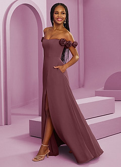 Barbie ♥ Azazie Suknie dla druhen Rozkloszowana szyfonowa sukienka z odkrytymi ramionami i kwiatowymi rozetkami image6