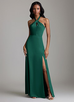 Azazie Tracie Bridesmaid Dresses Emerald A-Line Side Slit Stretch Satin Dress image1