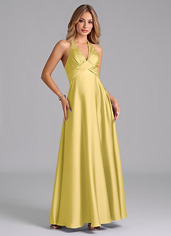 Azazie Tessie Bridesmaid Dresses Canary A-Line Pleated Stretch Satin Dress image5