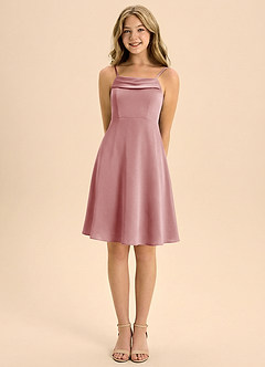 Azazie Anselie Junior Abito A-Line in Raso Elasticizzato Plissettato Rosa Polverosa image5