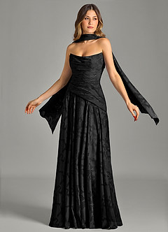 Azazie Gabriela Brautjungfernkleider A-Linie Schulterfrei Blumen-Burnout Kleid Schwarz image1