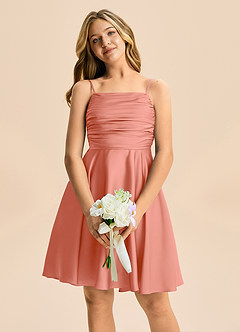 Azazie Miko Junior A라인 주름진 스트레치 새틴 미니 주니어 신부 들러리 드레스 image6