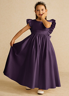 Azazie Piglette Flower Girl Dresses Plum A-Line Bow Matte Satin Dress image6