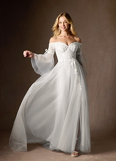 Azazie Stevie Final Sale Diamond White Nude A-Line Off the Shoulder Tulle Dress image3