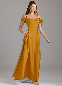 Azazie Marley Bridesmaid Dresses Butterscotch A-Line Off the Shoulder Stretch Satin Convertible Dress image4