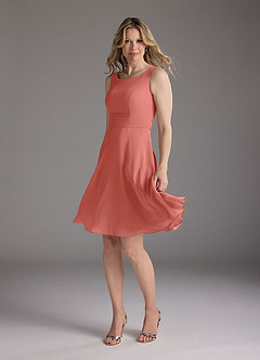 Azazie Shirley Mother of the Bride Dresses Salmon Pink A-Line Scoop Pleated Chiffon Dress image4