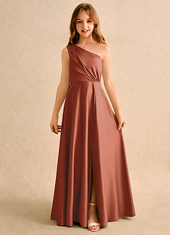 Azazie Puddles Girls Formal Flower Girl Dresses Auburn A-Line One Shoulder Matte Satin Dress image4