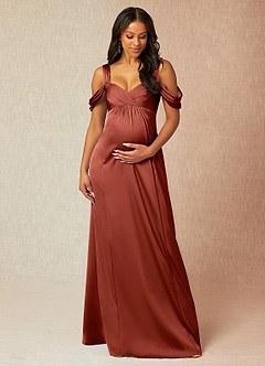 Azazie Rhea vestidos de dama de honor de maternidad Vestido de Corte En A Off The Shoulder Plisado Hasta el suelo Satén Elástico image1
