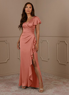 Azazie Roya Mère de la mariée Robes Robe Sirène en Satin extensible Col en V Plissé Rose Saumon image1