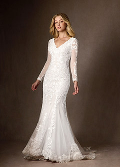 Azazie Dulce Amor Wedding Dresses Diamond White Mermaid V-Neck lace Tulle Dress image6