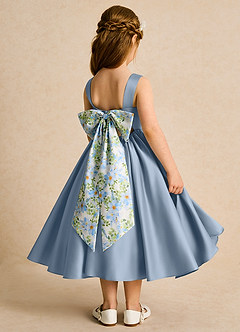 Azazie Doodlebug Flower Girl Dresses Dusty Blue A-Line Bow Matte Satin Dress image3