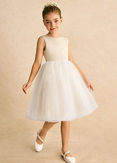 Azazie Esme Flower Girl Dresses Champagne Ball-Gown Bow Tulle Dress image3