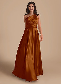 Azazie Charlize Bridesmaid Dresses Copper A-Line One Shoulder Metallic Satin Dress image1