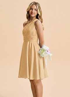 Azazie Charlize Junior A-Linie Plissee Stretch-Satin Kleid Gold image3