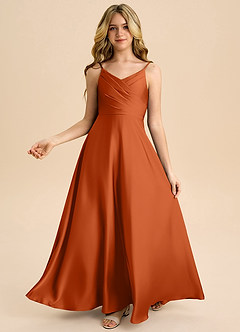 Azazie Bug Junior Burnt Orange A-Line Pleated Stretch Satin Dress image1