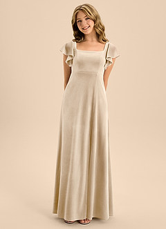 Azazie Bondi Junior Vestido de Champán de terciopelo de Corte en A con Lazo image4