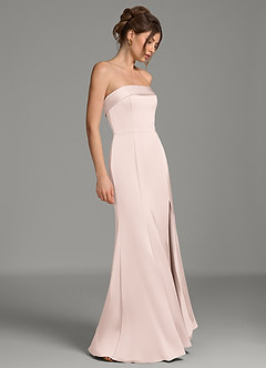Azazie Helena At-home Try On Dresses Blushing Pink Mermaid Strapless Stretch Satin Dress image3