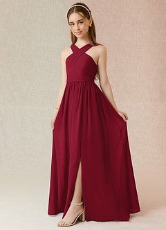 Azazie Jiya Junior Burgundy A-Line Pleated Chiffon Dress image1