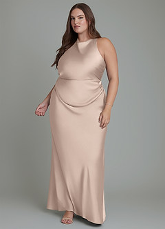 Azazie Evadne Vestidos de damas de honor Vestido Rosa Inglesa de Satén Elástico de Corte Recto con Plisado image6