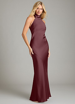 Azazie Velli Vestidos de damas de honor Vestido de Sangrado de Satén Elástico de Corte Sirena con Cuello Alto image4