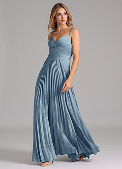 Azazie Vini Kleider zum Anprobieren zu Hause A-Linie Plissee Stretch-Satin Kleid Staubblau image5