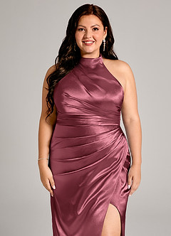 Azazie Jemma Bridesmaid Dresses Desert Rose Sheath Pleated Metallic Satin Dress image12