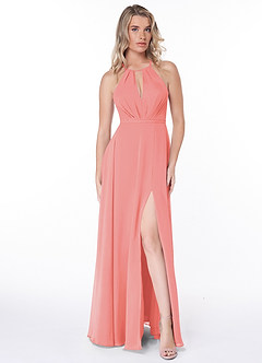 Azazie Evalleen Bridesmaid Dresses Coral A-Line Pleated Chiffon Dress image2