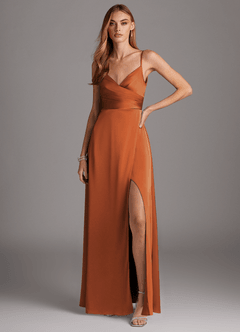 Azazie Calissa Bridesmaid Dresses Cinnamon A-Line V-Neck Pleated Stretch Satin Dress image1