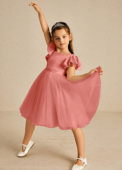 Azazie Kaeya Flower Girl Dresses Salmon Pink A-Line Bow Tulle Dress image2