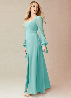 Azazie Leonia Bridesmaid Dresses Aqua A-Line Long Sleeve Chiffon Dress image4