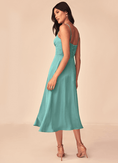 Azazie Dottie Bridesmaid Dresses Aqua A-Line Stretch Satin Dress image5