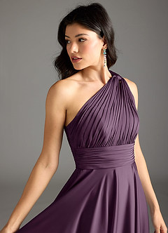 Azazie Charlize Bridesmaid Dresses Plum A-Line One Shoulder Stretch Satin Dress image7