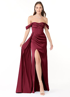 Azazie Amyra At-home Try On Dresses Burgundy Mermaid Off the Shoulder Stretch Satin Convertible Dress image1