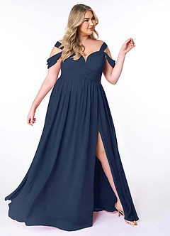 Azazie Lianne Bridesmaid Dresses Dark Navy A-Line Off the Shoulder Chiffon Dress image11