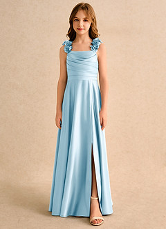Azazie Rosita Junior Formal vestidos de niña de las flores Vestido de Azul Cielo de Satin Mate de Corte en A con Plisado image3
