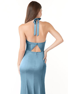 Azazie Emeria Bridesmaid Dresses Steel Blue Mermaid Pleated Stretch Satin Dress image3