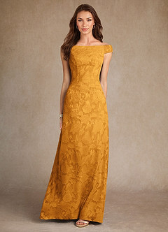 Azazie Moore Mother of the Bride Dresses Butterscotch A-Line Boatneck Floral Burnout Dress image3