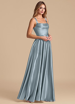 Azazie Shaude 신부 들러리 드레스 A라인 주름진 메탈릭 새틴 바닥 길이 드레스 image4