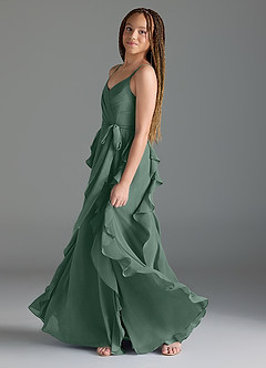Azazie Peyton Junior Vestido de Musgo Marino de Gasa de Corte En A con Volantes en cascada Cuello en V image4
