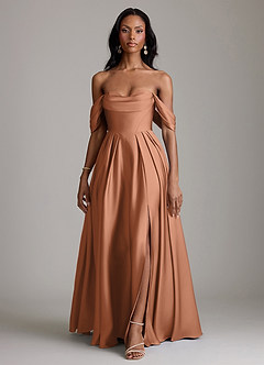 Azazie Loisa Abiti da Damigella Abito A-Line in Raso Elasticizzato a Spalla Scoperta Bronzo image7