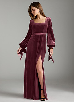 Azazie Leonia Bridesmaid Dresses Raspberry A-Line Long Sleeve Velvet Dress image3