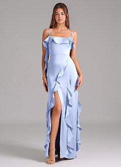 Azazie Malia Robes de demoiselle d'honneur Robe Trapèze en Satin extensible Fente Latérale Eis image3