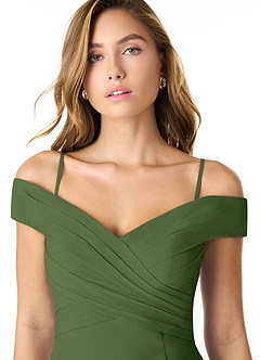 Azazie Lecia Vestidos de damas de honor Vestido de Oliva de Gasa de Imperio Convertible con Plisado fuera del hombro image2