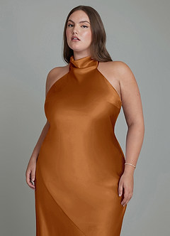 Azazie Velli Bridesmaid Dresses Copper Sheath High Neck Metallic Satin Dress image9
